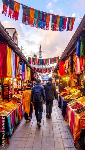 People walking through a vibrant outdoor market with hanging colorful fabrics and a mosque minaret in the background.