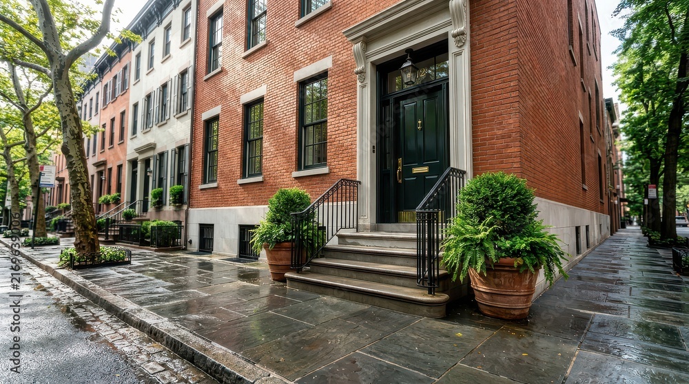 Fototapeta premium Red brick corner townhouse with wet sidewalk and planters