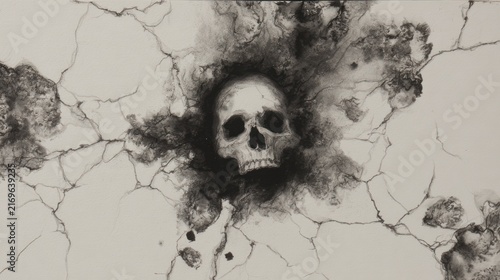 Artistic skull illustration emerging from a cracked surface