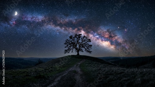 Solitary Tree Silhouetted Against the Vibrant Milky Way Galaxy.