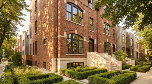 Brick residential building with arched windows and clipped hedge garden