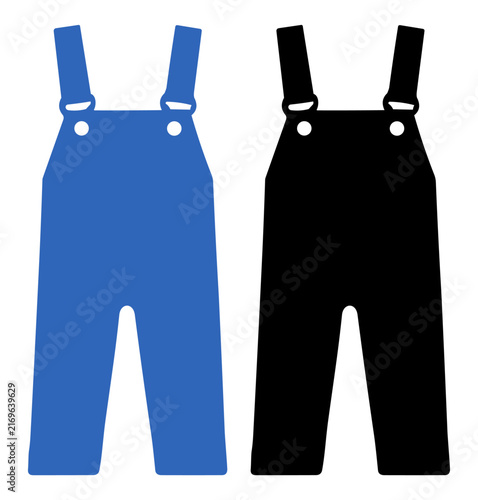 Blue and black overalls icons with buttoned straps clothing on transparent background