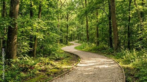 Sunlit Winding Forest Path Through Lush Green Trees.
