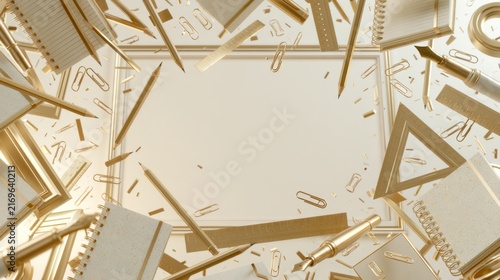 Creative chaos of school supplies in a golden glow ready for the new academic year