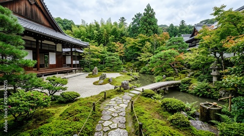 Tranquil Japanese Garden with Stone Path and Bridge Over Water.