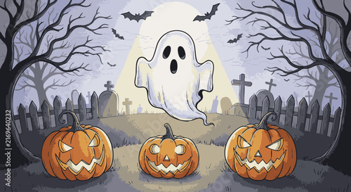 Three jack-o'-lanterns with scary carved faces and a floating white ghost in a spooky graveyard at night with bats and bare trees