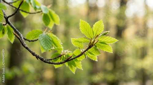 Vibrant Green Leaves on a Tree Branch in Spring Sunlight.