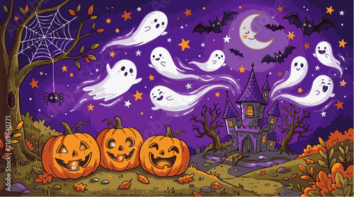 Three jack-o'-lanterns, spooky ghosts, and a haunted castle under a starry night sky with flying bats and a crescent moon