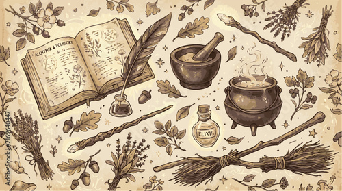 Alchemy and witchcraft seamless pattern with spellbook, cauldron, magic wand, herbs, and potion bottles in vintage sepia ink style