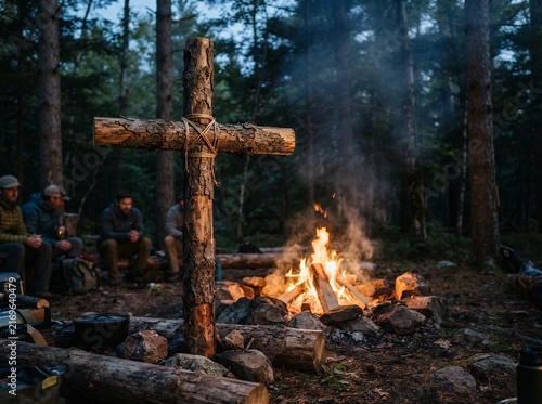 Wooden cross at campsite with campfire and people in forest at dusk.