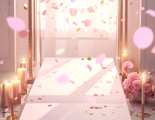 Romantic Wedding Aisle Decorated with Pink Flowers and Candles.