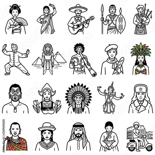 Diverse collection of multicultural people icons and world cultures illustration showing traditional clothing on diverse ethnic characters for