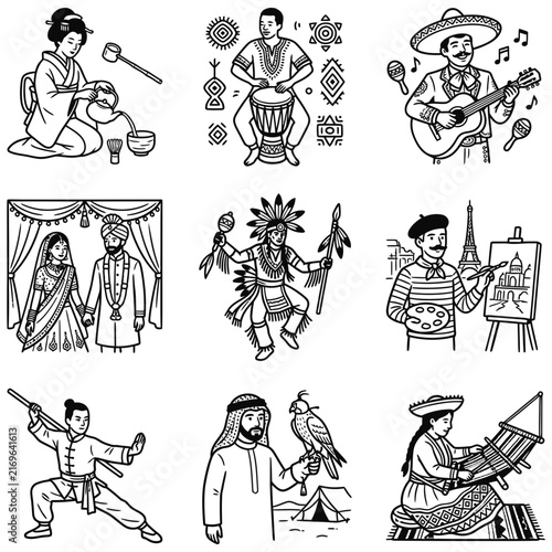 Icons of cultural diversity and global traditions showing ethnic heritage from world cultures in traditional clothing with various folk customs and