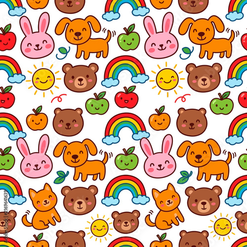 Cartoon illustration - A cute animals seamless pattern featuring a colorful rainbow, smiling bunny, and playful dog in a hand-drawn doodle style.