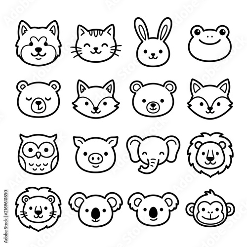 Hand drawn - Set of adorable animal icons and cute doodle characters featuring line art vector faces in a minimalist set, including lion, elephant,