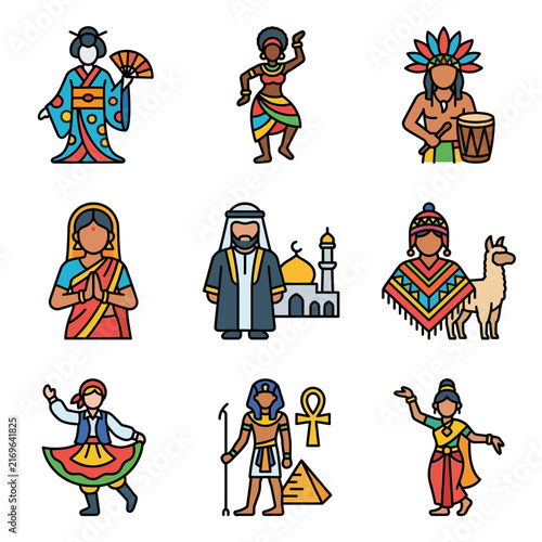 A comprehensive icon set representing culture and tradition with people from various ethnic backgrounds to celebrate global diversity and heritage.