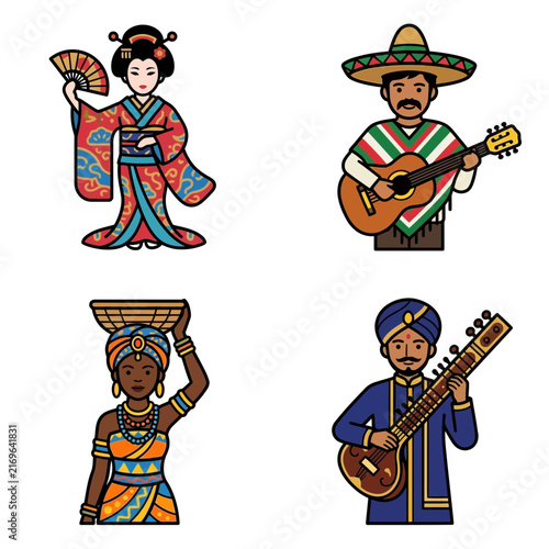 Vector illustration of diverse people representing world culture through traditional ethnic costumes and multicultural diversity.
