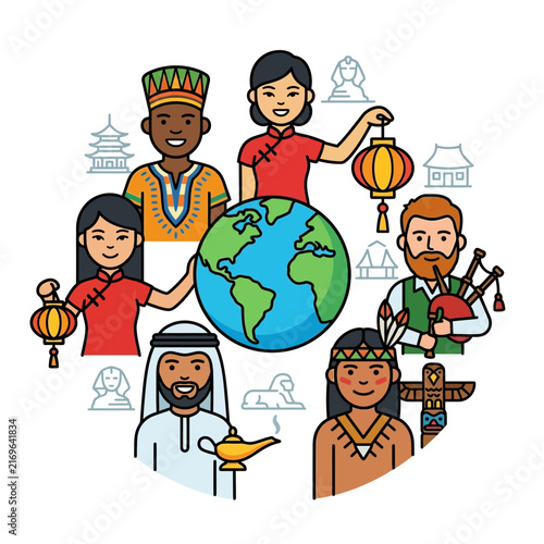 Colorful illustration showcasing world culture and human diversity surrounding a globe, representing international unity and global heritage.