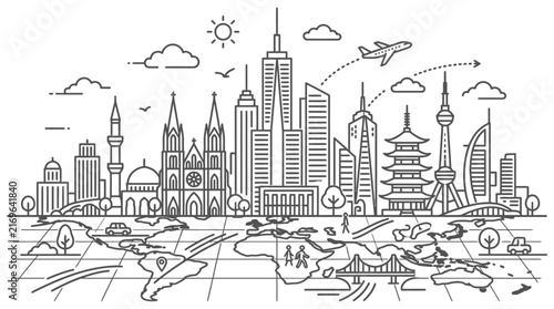 global travel and international tourism concept featuring a city skyline with famous landmarks on a detailed world map