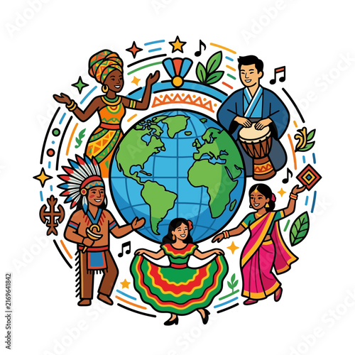 A vibrant scene celebrating global diversity and culture through unity as people around the globe showcase their tradition and music in peace.