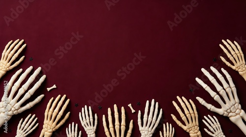 Dark red background featuring a decorative border of white and beige skeleton hands with scattered bones for a seasonal Halloween design.