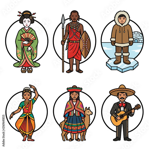 A collection of global people representing ethnic culture and diversity wearing traditional clothing from various continents and unique heritages.
