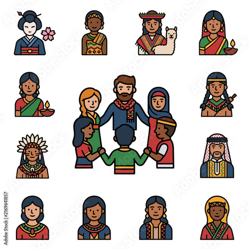 Global diversity and human unity shown through a community of diverse people celebrating world culture in a supportive circle.