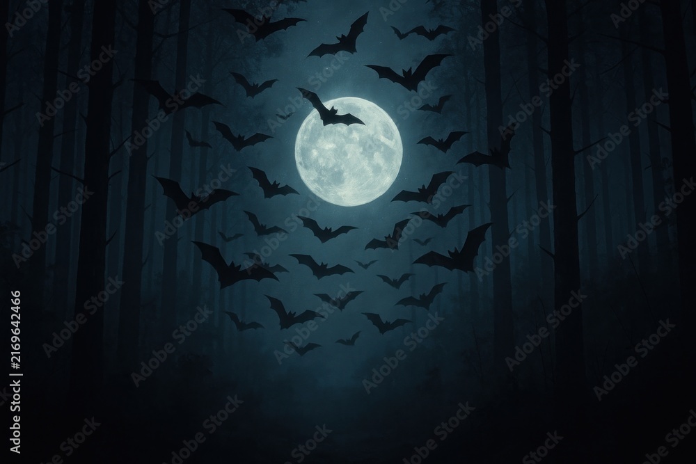 Naklejka premium Eerie bats moonlit forest background