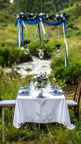 Romantic outdoor wedding dinner table setup in a lush green meadow by a stream.