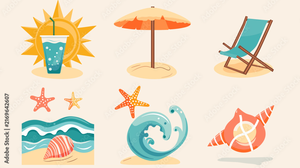 Fototapeta premium Beach Elements Including Sun, Umbrella, Chair and Waves Creating a Relaxing Coastal Atmosphere