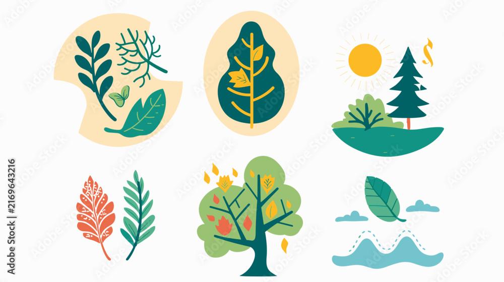 Obraz premium Colorful Botanical Illustrations Featuring Various Leaves and Trees Against a Bright Background