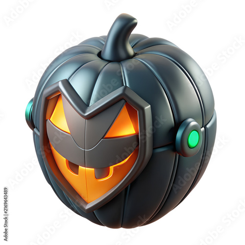 Cybernetic black pumpkin featuring glowing orange facial expression and mechanical gaming controller elements rendered as high quality art on transparent background