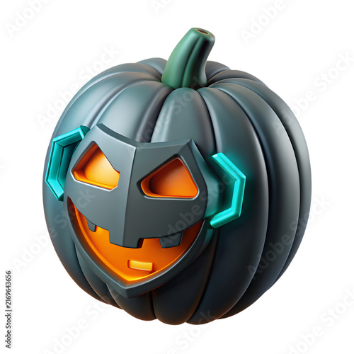 Dark scary 3d jack o lantern pumpkin with glowing orange eyes and mechanical metal face features isolated on transparent background
