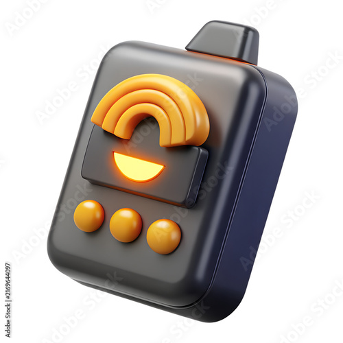 Black wireless payment terminal featuring bright orange buttons and signal icons presented in a high quality 3D render on transparent background