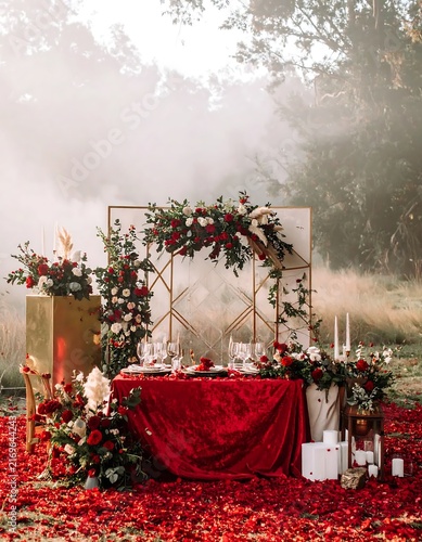 Romantic outdoor wedding sweetheart table setup with red flowers and fog.