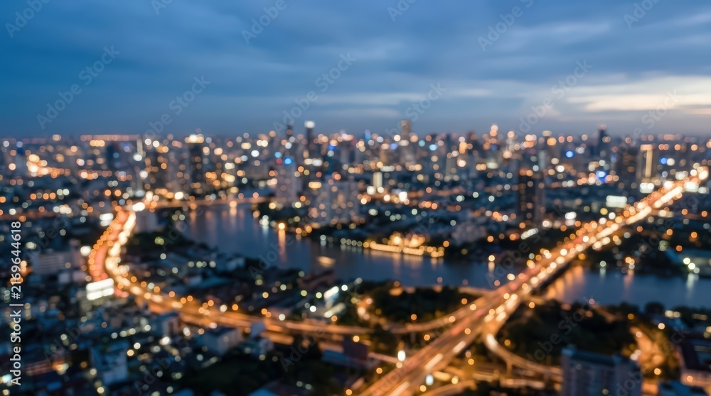 Fototapeta premium City skyline at night features blurred lights from skyscrapers and traffic flowing over a bridge. The urban landscape glows with soft bokeh effects under a twilight sky.