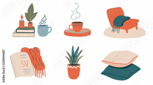 Bild auf Leinwand Cozy Home Interior Design Scene with Soft Textiles, Greenery, and Warm Beverage