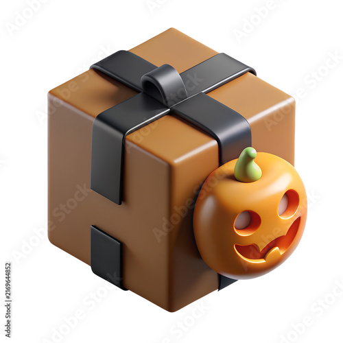 Black gift box decorated with bright orange ribbon and festive pumpkin icon for holiday celebration presented on transparent background