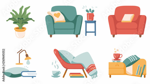 Bild auf Leinwand Cozy Living Room Furniture Arrangement Featuring Colorful Chairs and Decorative