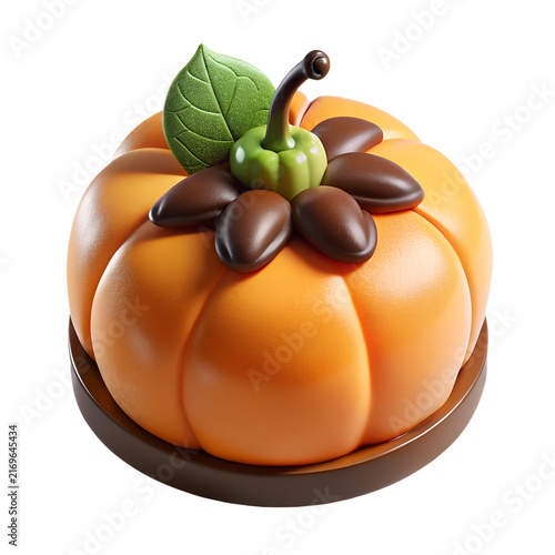 Bright orange pumpkin shaped cake with smooth chocolate decorations and green leaf for thanksgiving holiday celebration on transparent background