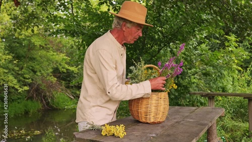 A man collects various medicinal herbs near a river on a summer day. He uses a woven basket to hold the herbs while examining their properties closely