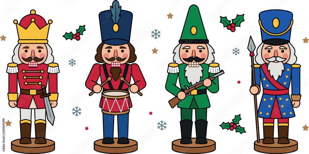 Naklejka premium Traditional Christmas Nutcracker Guard Character Collection Featuring Festive Toy Soldiers with Weapons and Winter Ornaments