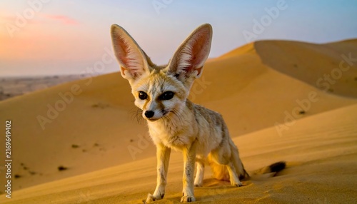 Giraffe standing alone in golden desert landscape.