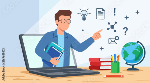 Online education concept with teacher character emerging from laptop