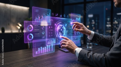 Close up of businessman hands touching floating holographic interface showing global business analytics, financial charts, and growth statistics in purple and blue tones