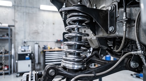 Close-up view of new car suspension system coil spring and shock absorber assembly in auto repair workshop, vehicle maintenance service, automotive mechanic garage