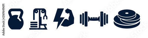 Fitness Gym Equipment Icons Set with Kettlebell Dumbbell and Strength Training Symbols
