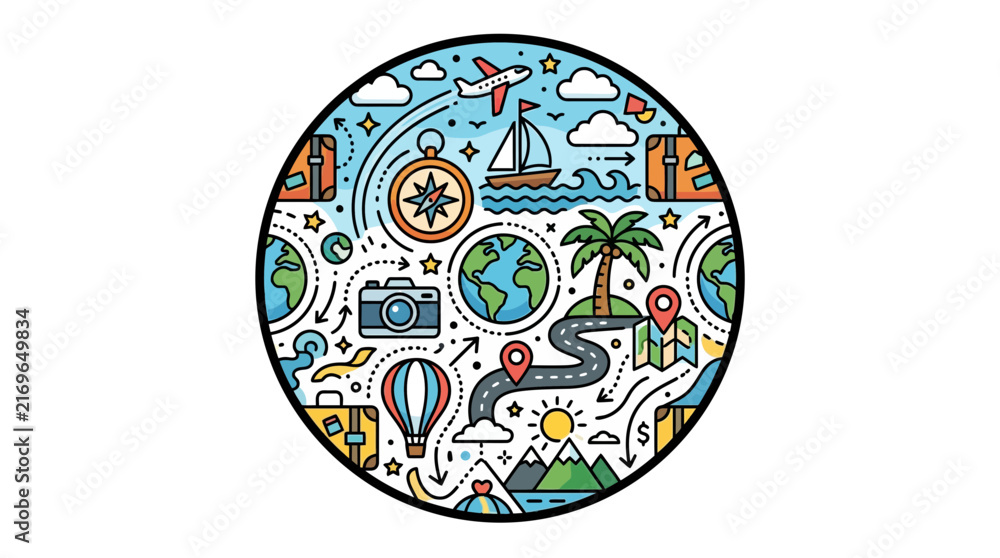 Naklejka premium A colorful travel adventure illustration for a perfect vacation and tourism exploration featuring a plane, compass, camera, and world globe icons.