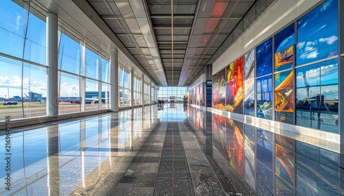 Modern Airport Terminal Hallway with Large Windows and Colorful Art Installation.
