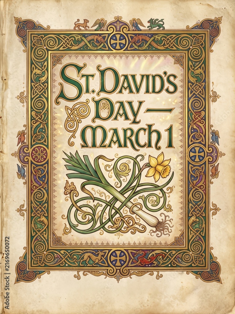 Fototapeta premium St. Davids Day illuminated manuscript poster with ornate Celtic knot border, daffodil, leek and Welsh symbolism for cultural celebration and heritage design